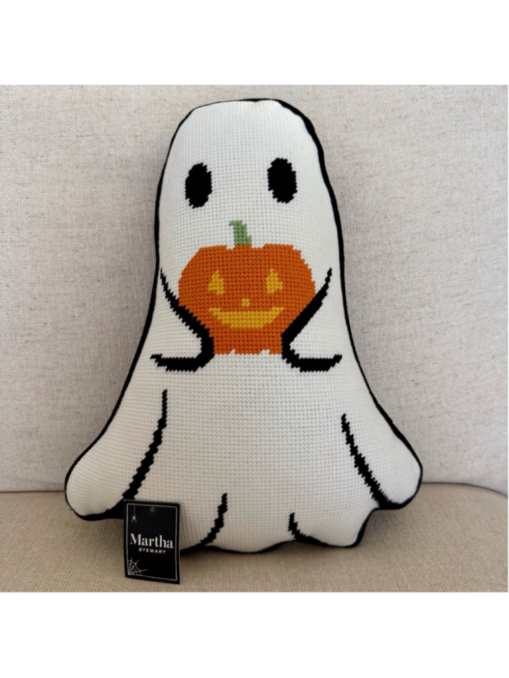 Martha Stewart Ghost Pillow Halloween Needlepoint Holding Pumpkin TikTok Viral